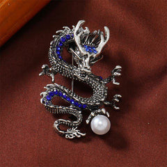 Domineering Dragon Pearl Strength Alloy Brooch – silver dragon with royal blue crystals and white pearl, strength