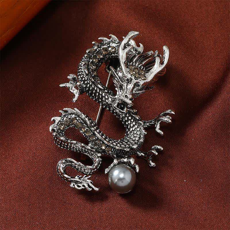 Domineering Dragon Pearl Strength Alloy Brooch – oxidized silver dragon with dark crystals and gray pearl, bold