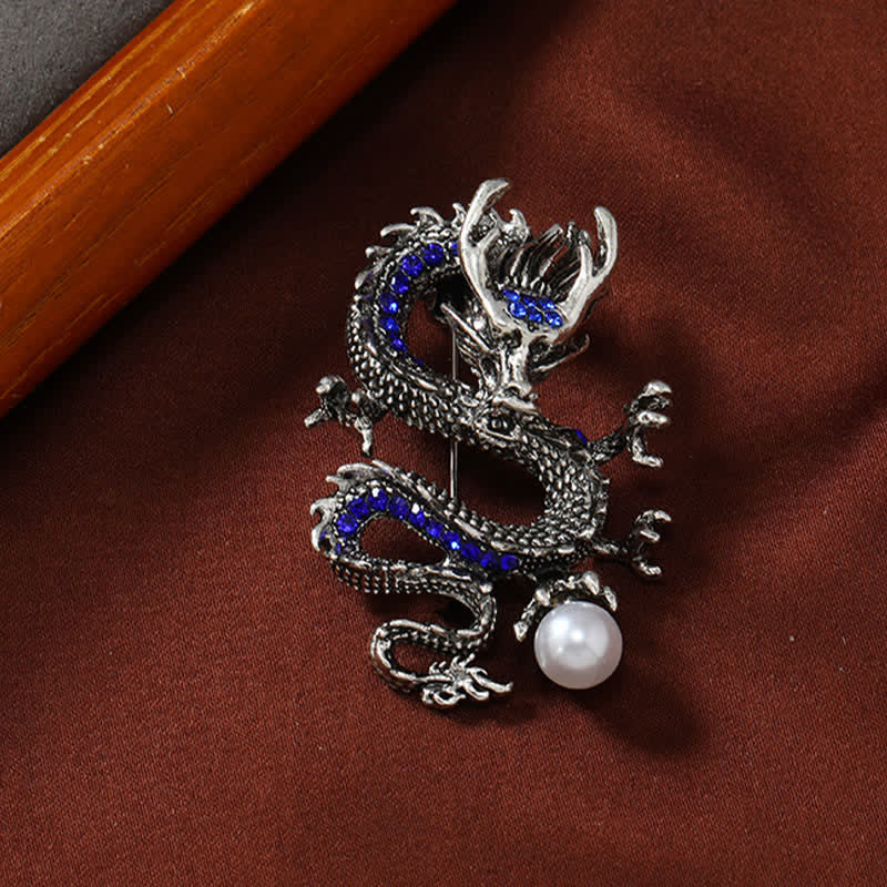Domineering Dragon Pearl Strength Alloy Brooch – silver-tone dragon brooch with blue spine stones, protective power