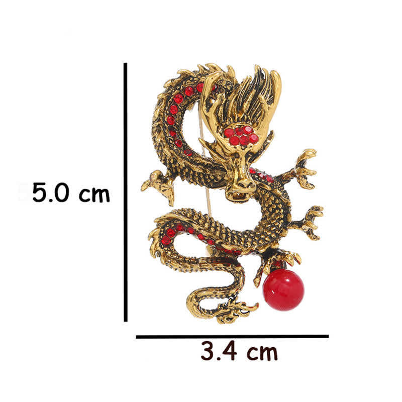 Domineering Dragon Pearl Strength Alloy Brooch – gold dragon with red stones on white, 5cm statement size, luck