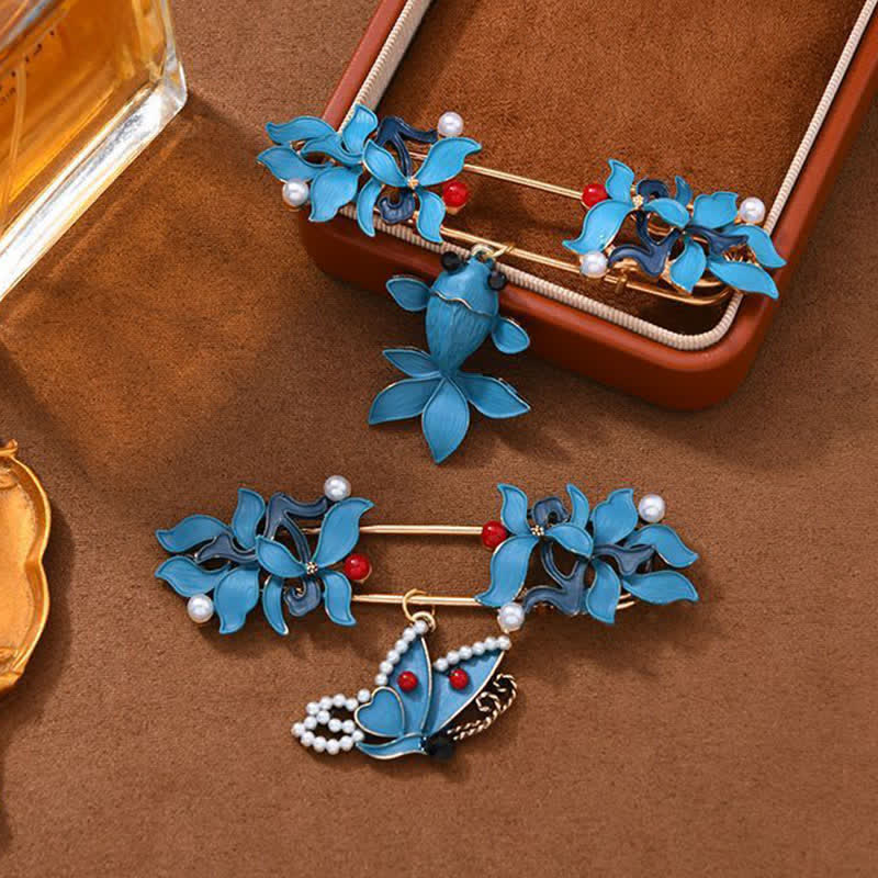 Cloisonne Koi Fish Brooch - pair of blue enamel lotus pins with koi and butterfly on velvet