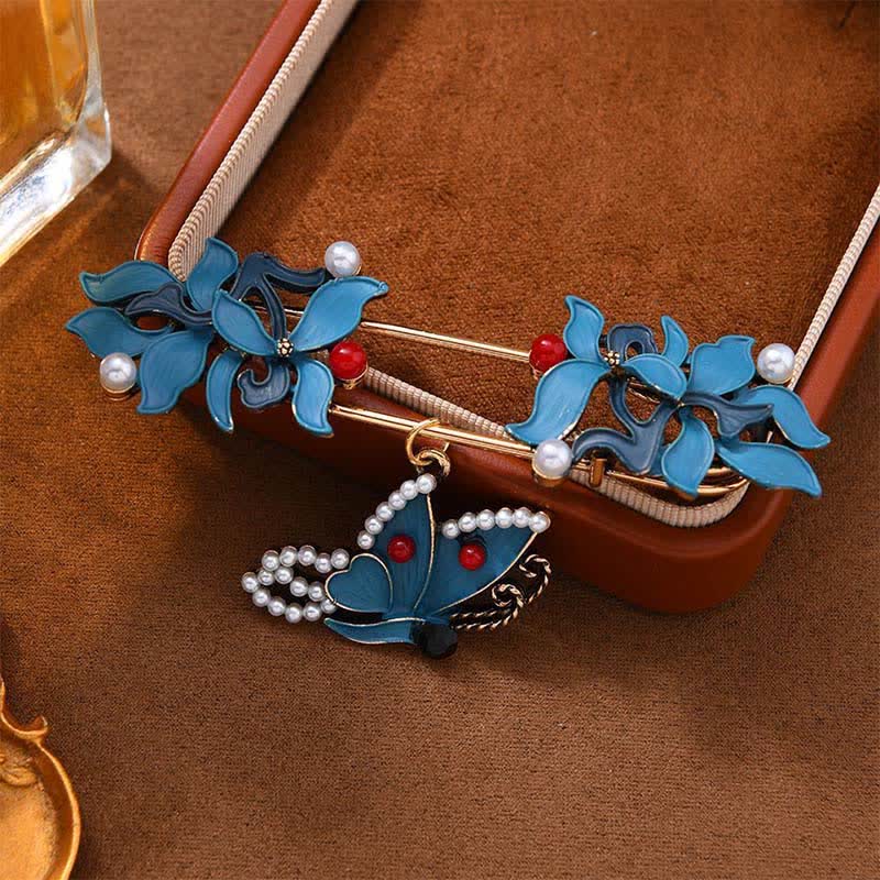 Cloisonne Koi Fish Brooch - blue enamel flower pin with pearl butterfly charm on velvet tray