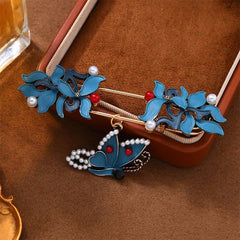 Cloisonne Koi Fish Brooch - blue enamel flower pin with pearl butterfly charm on velvet tray
