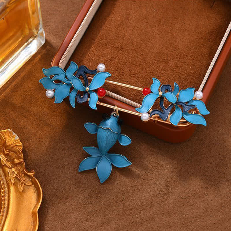 Cloisonne Koi Fish Brooch - blue enamel flower pin with goldfish charm, pearls on brown velvet
