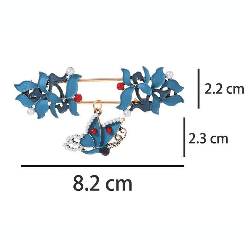 Cloisonne Koi Fish Brooch - blue floral barrette with butterfly charm, 8.2cm, on white