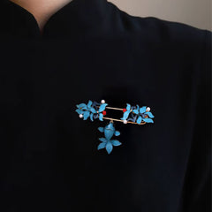 Cloisonne Koi Fish Brooch - turquoise floral brooch with pearls and red beads on black collar