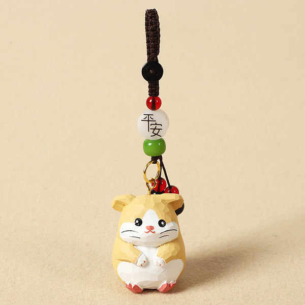 Chinese Zodiac Keychain – Wooden hamster with peace bead and green stone, cute charm