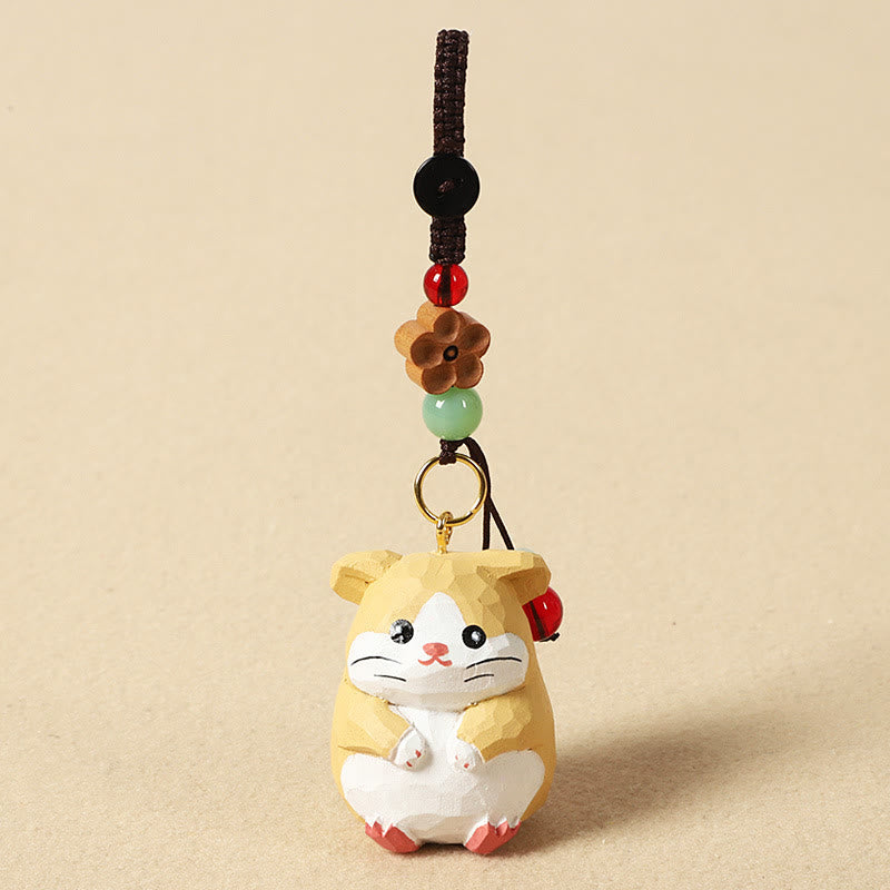 Chinese Zodiac Keychain – Hamster with red bead and wood flower accent, lucky keychain