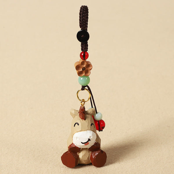 Chinese Zodiac Keychain – Horse with red bead and carved wood flower, lucky keychain
