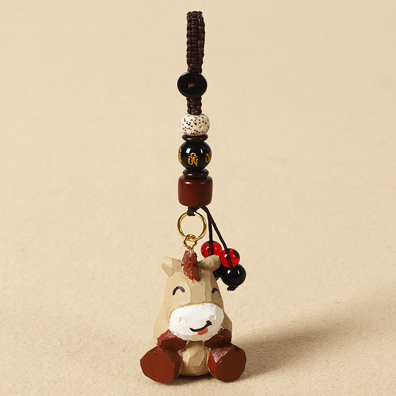 Chinese Zodiac Keychain – Wooden horse with mantra bead and gold ring, zodiac lucky charm Main image