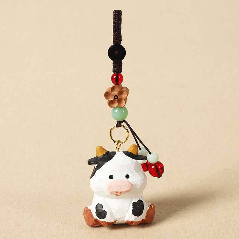 Chinese Zodiac Keychain – Ox with red bead and carved wooden flower, lucky keychain