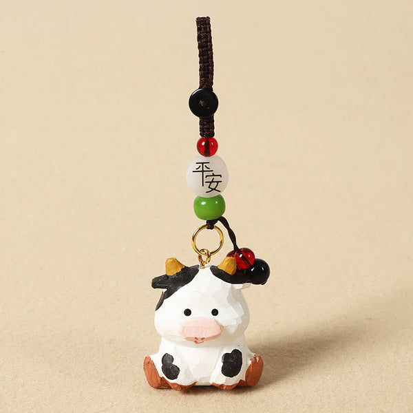 Chinese Zodiac Keychain – Painted ox with peace bead and green jade, zodiac gift