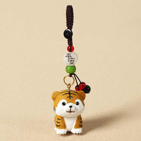 Chinese Zodiac Keychain – Carved tiger with peace bead and green accent, zodiac gift
