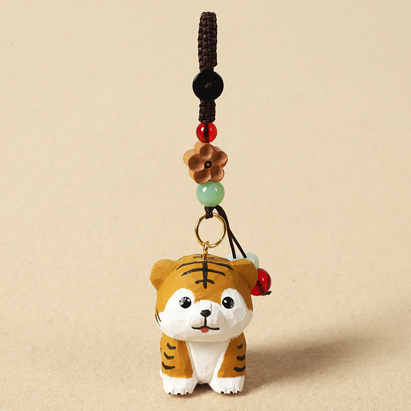 Chinese Zodiac Keychain – Tiger with red bead and wood flower pendant, lucky charm