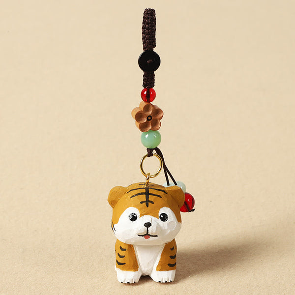 Chinese Zodiac Keychain – Tiger with red bead and wood flower pendant, lucky charm