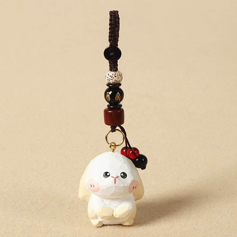 Chinese Zodiac Keychain – White rabbit with mantra bead and gold ring, animal charm