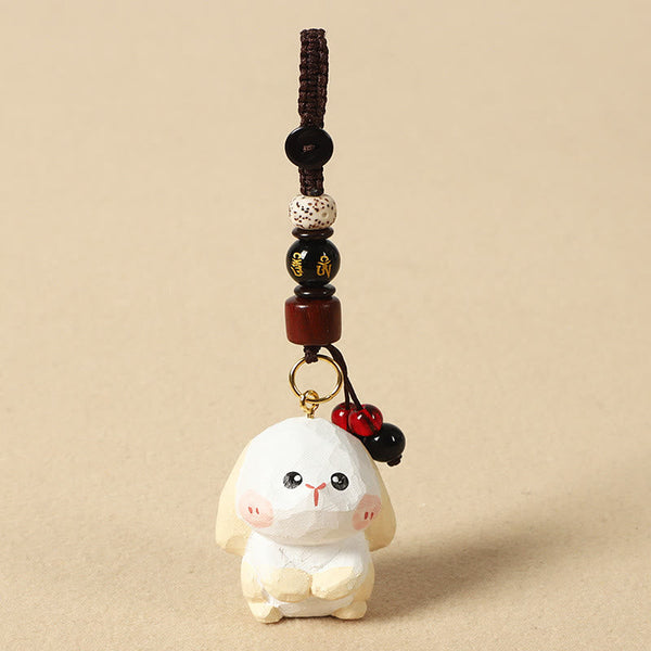 Chinese Zodiac Keychain – White rabbit with mantra bead and gold ring, animal charm