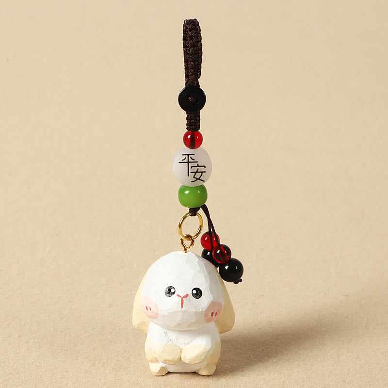 Chinese Zodiac Keychain – Cream rabbit with peace bead and green stone, zodiac charm