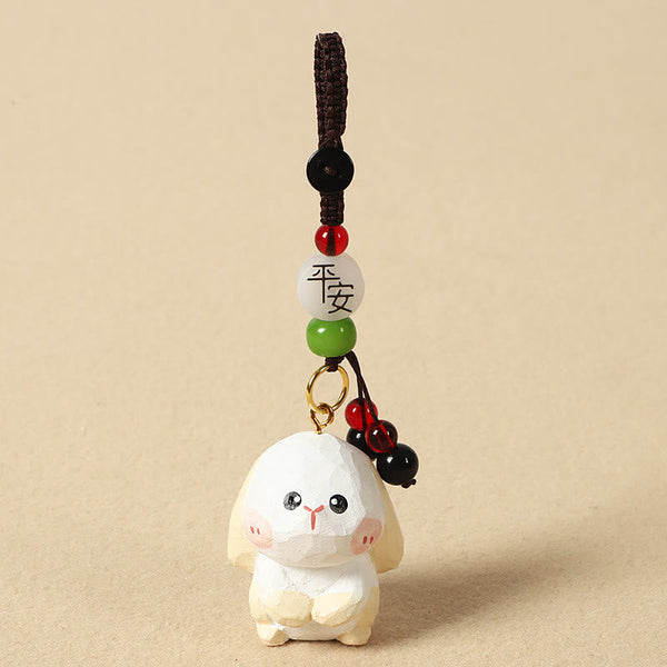 Chinese Zodiac Keychain – Cream rabbit with peace bead and green stone, zodiac charm