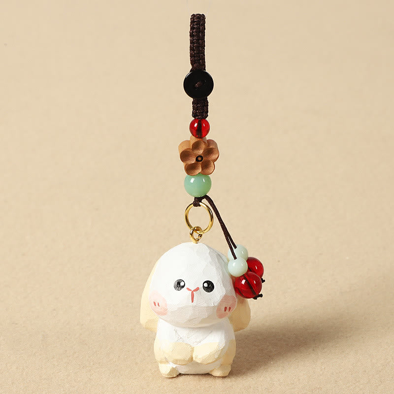 Chinese Zodiac Keychain – Bunny with red bead and carved wood flower, cute keychain
