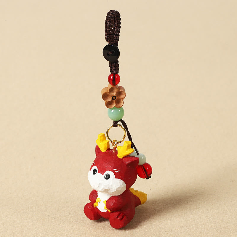 Chinese Zodiac Keychain – Dragon with red bead and wooden flower, lucky charm