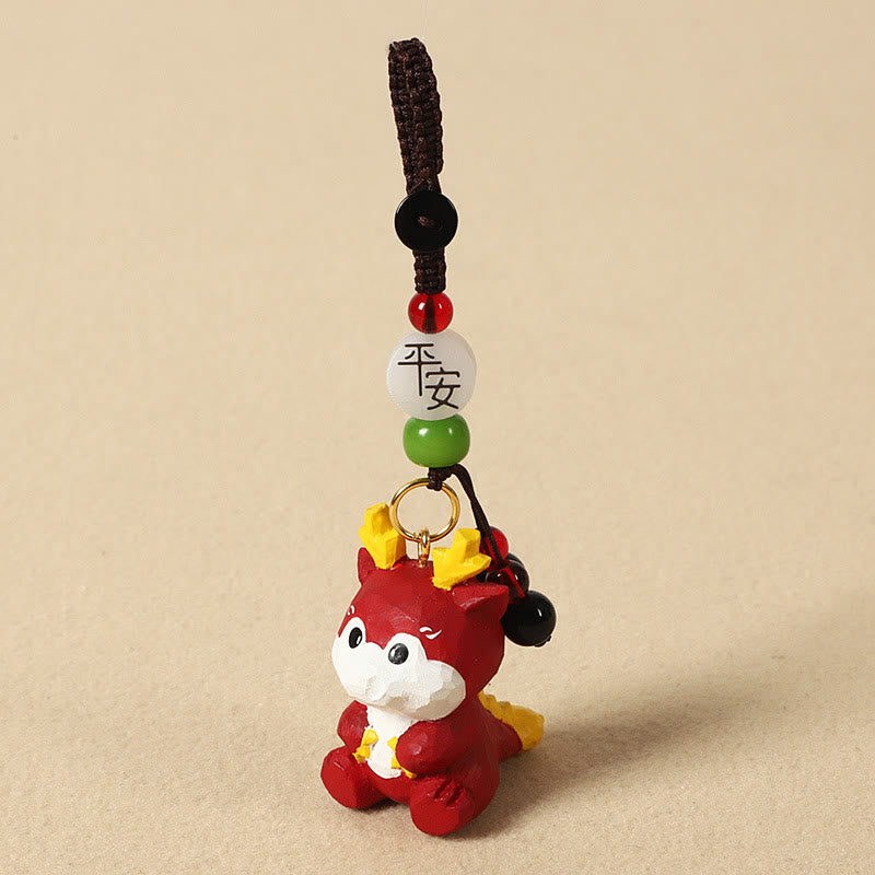 Chinese Zodiac Keychain – Red dragon with peace bead and green jade, zodiac gift