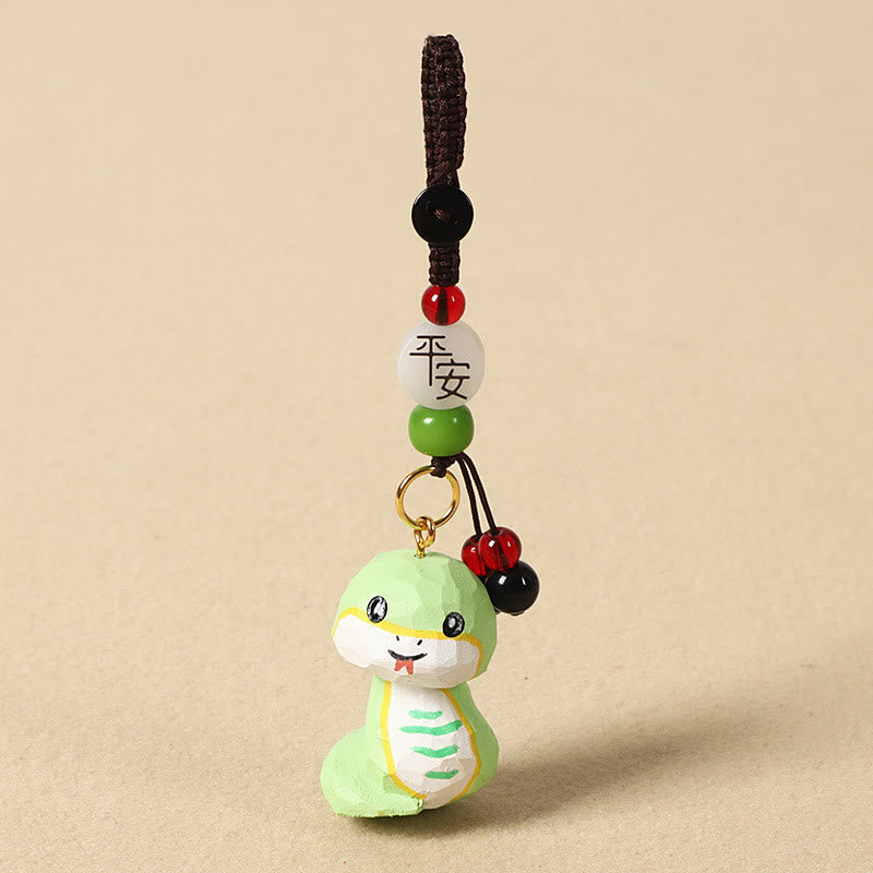 Chinese Zodiac Keychain – Green snake with peace bead and red accent, lucky keychain