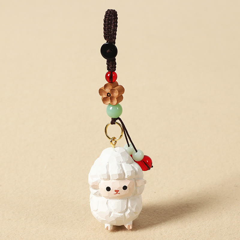 Chinese Zodiac Keychain – Pink sheep with red bead and wood flower, cute keychain