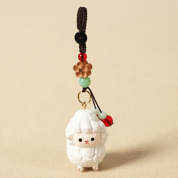 Chinese Zodiac Keychain – Pink sheep with red bead and wood flower, cute keychain