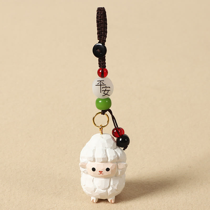 Chinese Zodiac Keychain – White sheep with peace bead and green jade, lucky charm