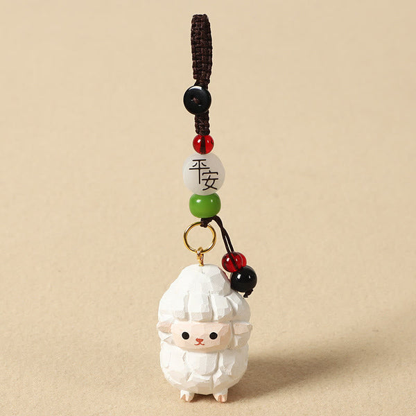 Chinese Zodiac Keychain – White sheep with peace bead and green jade, lucky charm