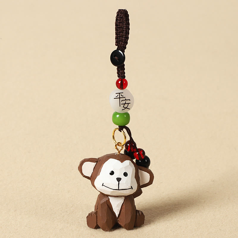 Chinese Zodiac Keychain – Wooden monkey with peace bead and green accent, zodiac gift