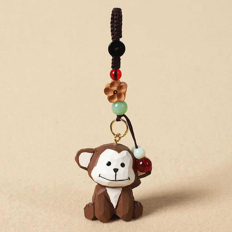 Chinese Zodiac Keychain – Monkey with red bead and carved wood flower, animal charm