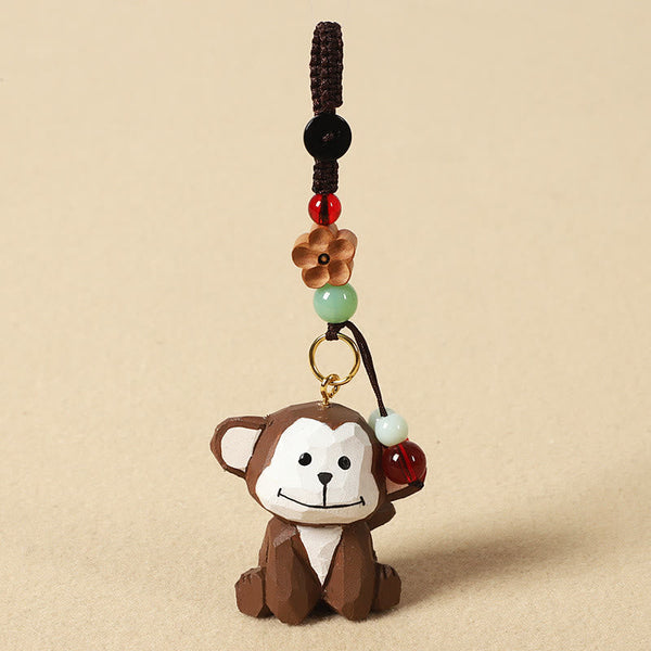 Chinese Zodiac Keychain – Monkey with red bead and carved wood flower, animal charm