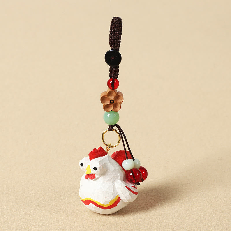 Chinese Zodiac Keychain – Rooster with red bead and wood flower pendant, lucky charm