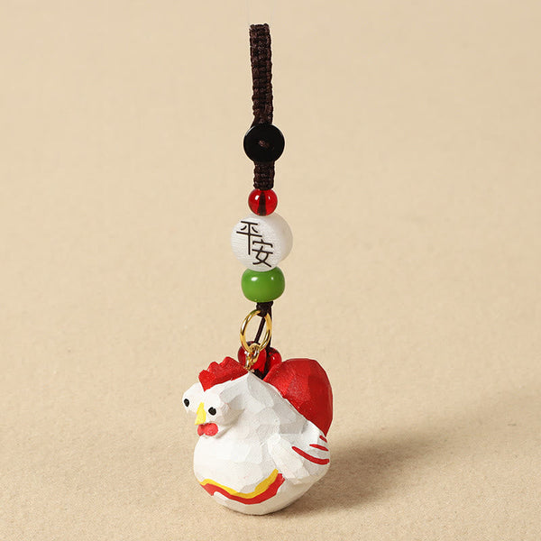Chinese Zodiac Keychain – Painted rooster with peace bead and green jade, zodiac charm