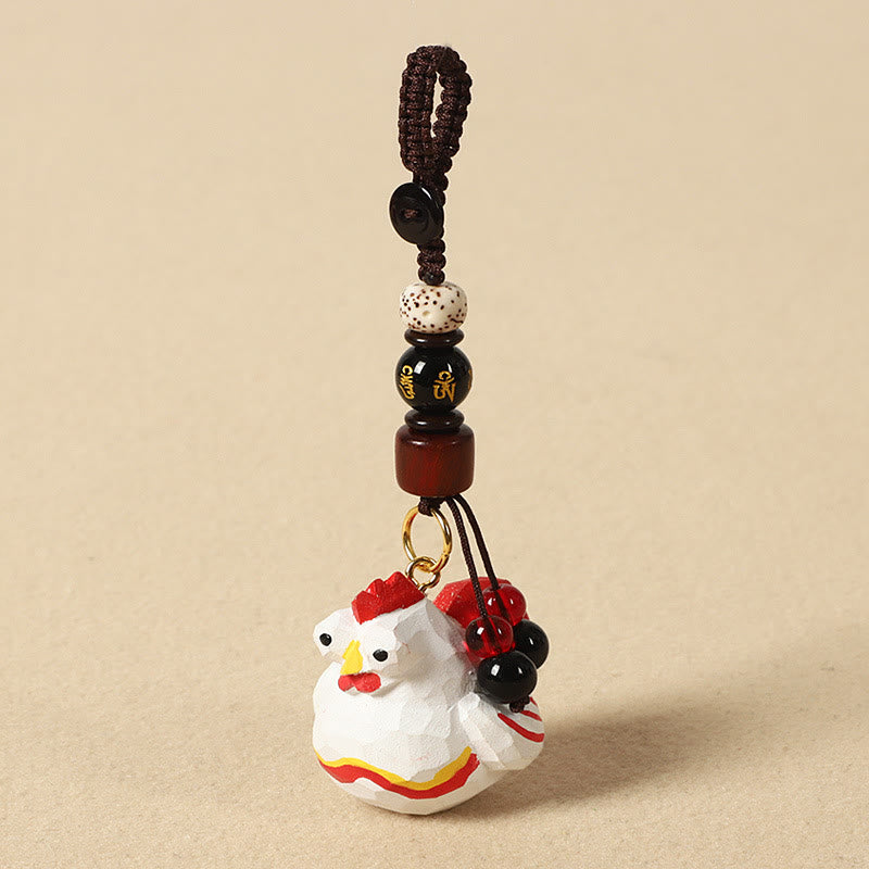 Chinese Zodiac Keychain – Red rooster with gold mantra bead, zodiac lucky charm