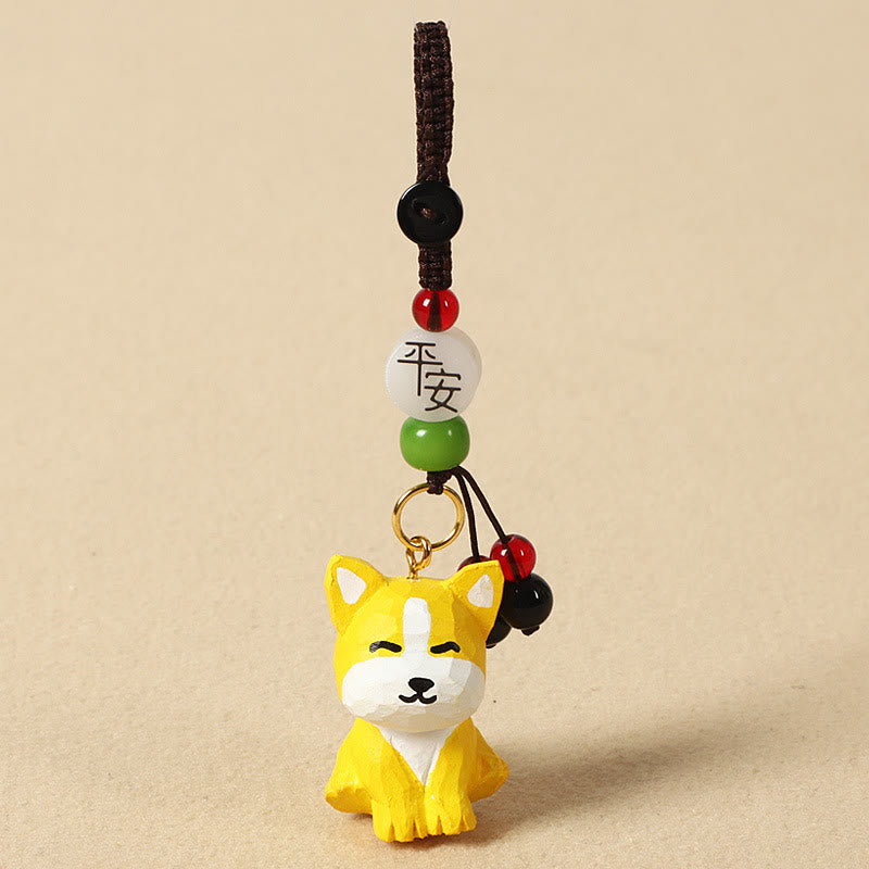 Chinese Zodiac Keychain – Wooden dog with peace bead and green jade, lucky charm