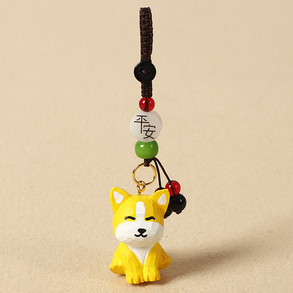 Chinese Zodiac Keychain – Wooden dog with peace bead and green jade, lucky charm