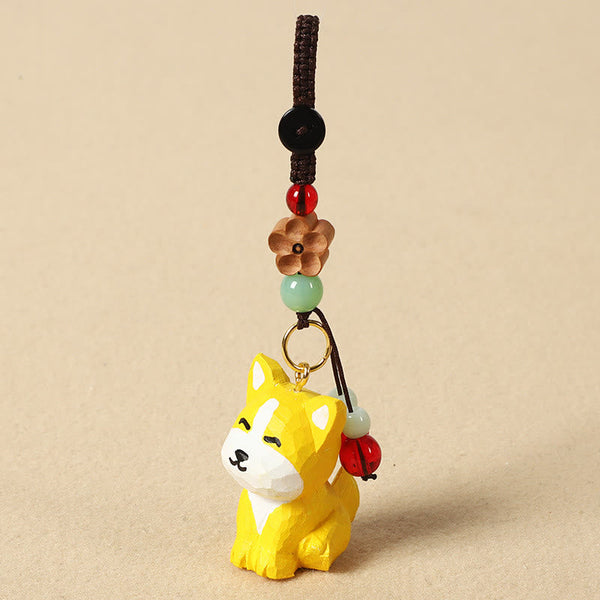 Chinese Zodiac Keychain – Cute dog with red bead and wood flower, animal charm