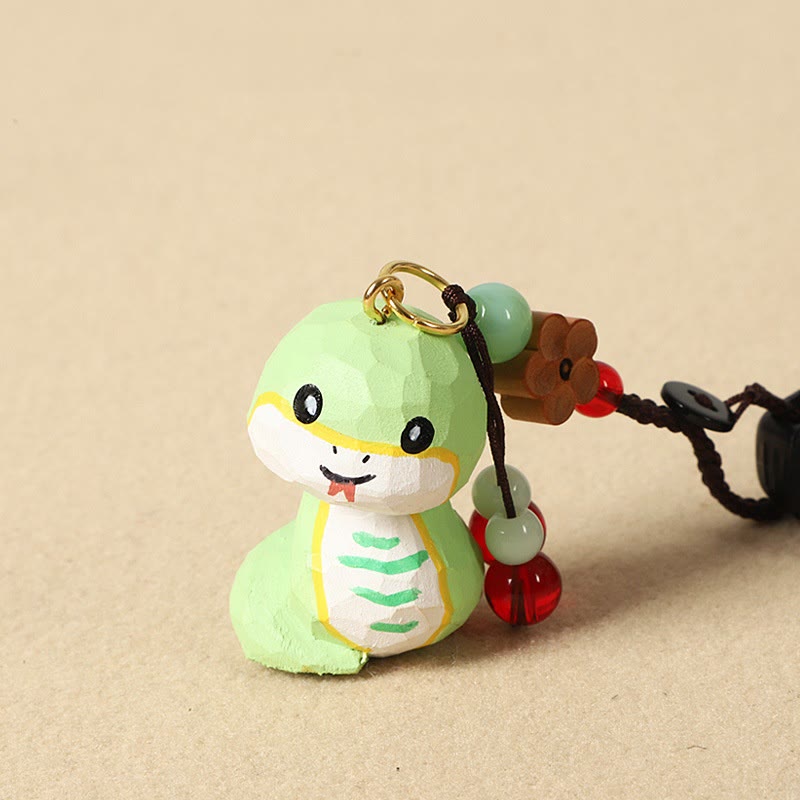 Chinese Zodiac Keychain – Wooden snake with green jade and flower pendant, zodiac charm