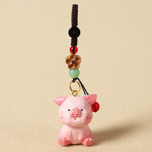 Chinese Zodiac Keychain – Wooden pig with red bead and flower accent, cute keychain