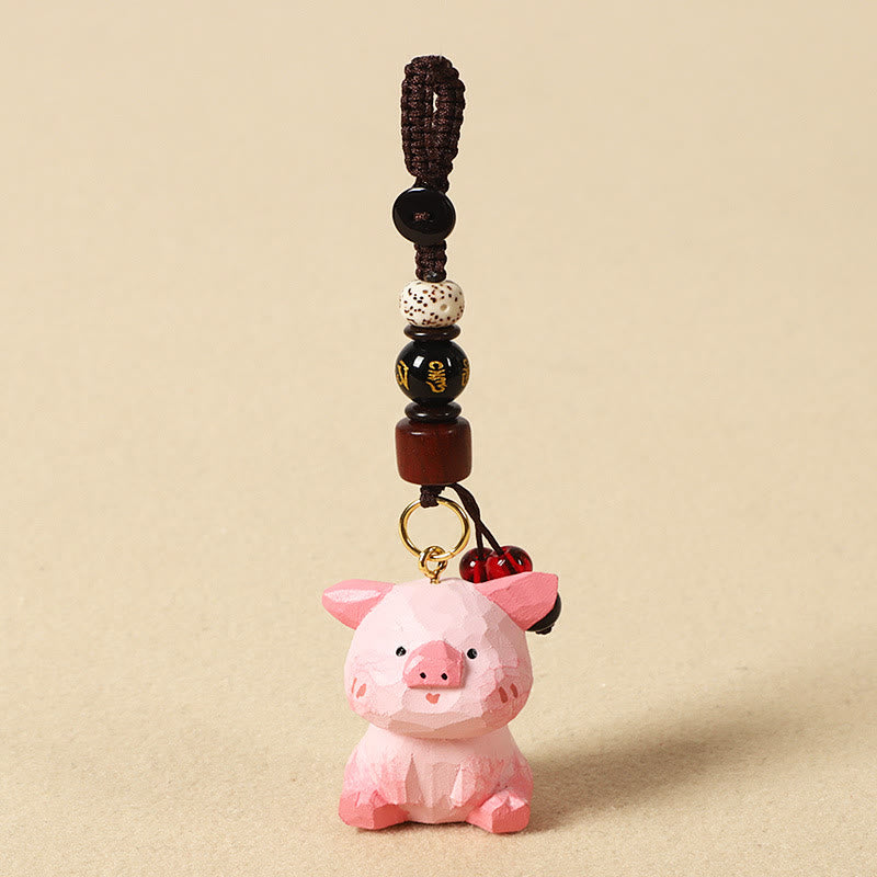 Chinese Zodiac Keychain – Pink pig with gold mantra bead and ring, zodiac gift