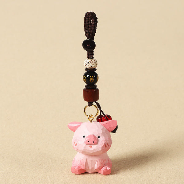 Chinese Zodiac Keychain – Pink pig with gold mantra bead and ring, zodiac gift
