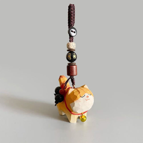 Orange Tabby Cat Keychain – Full hanging view with bodhi seed bead and fortune charm, Om Mani Padme Hum keychain