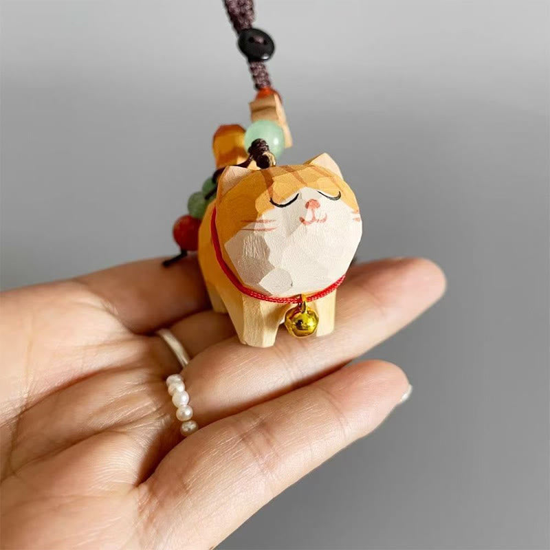 Orange Tabby Cat Keychain – Handheld showing actual size with braided cord and stone bead details, mini cat charm