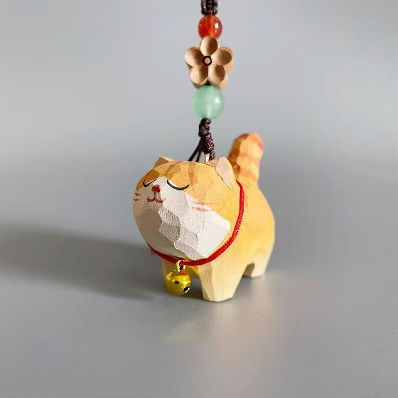 Orange Tabby Cat Keychain – Left angle view with gold bell collar and green aventurine bead, wooden cat ornament