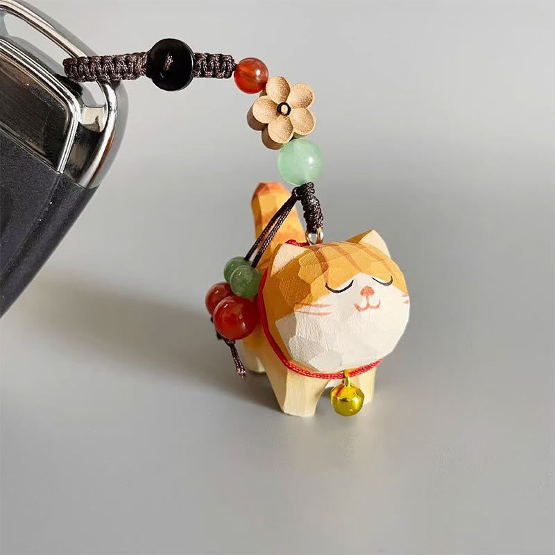 Orange Tabby Cat Keychain – Worn on car key fob with decorative bead strand and gold bell, lucky cat keychain
