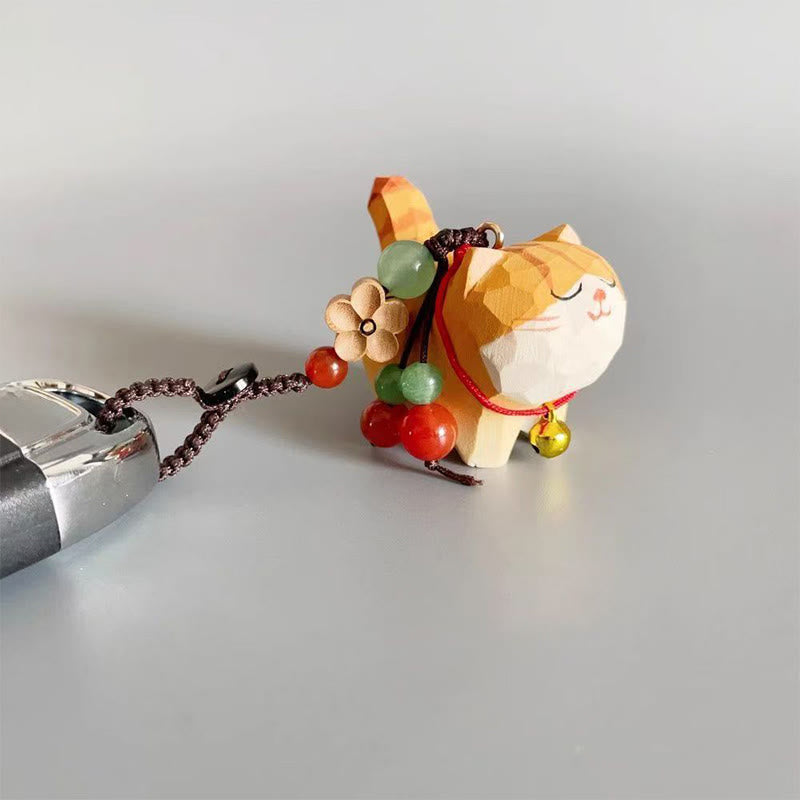 Orange Tabby Cat Keychain – Attached to key ring showing full length with jade and wooden flower beads, cat keychain