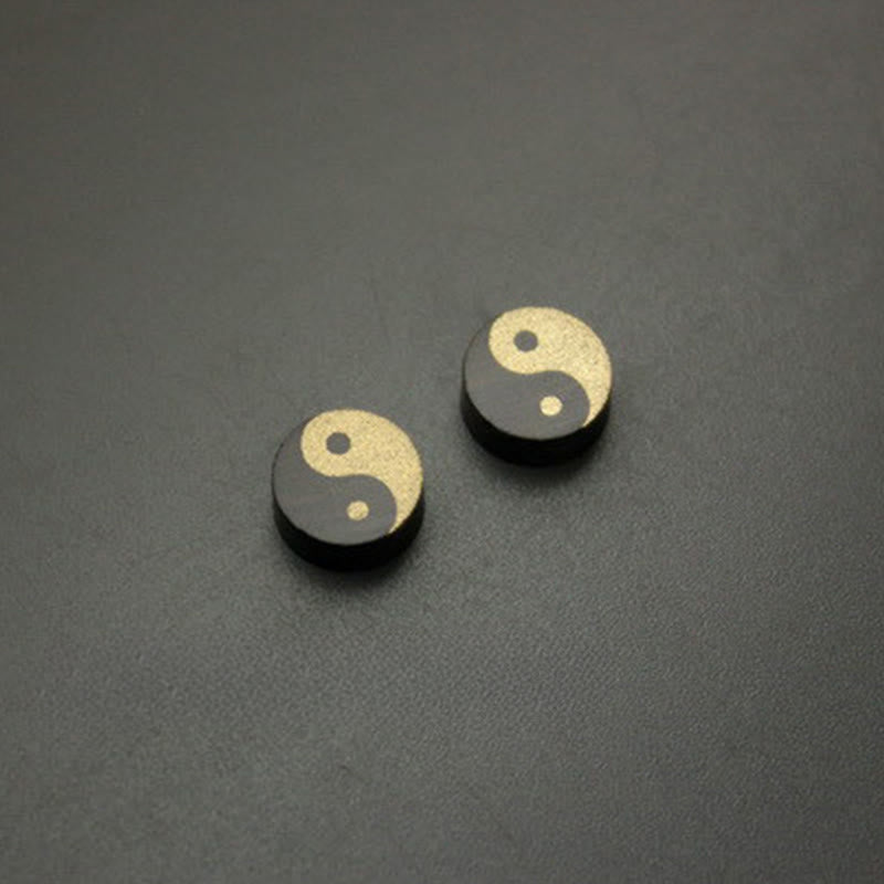Ebony Wood Yin Yang Stud Earrings - Gold and black yin yang design on matte dark circular studs, spiritual earrings
